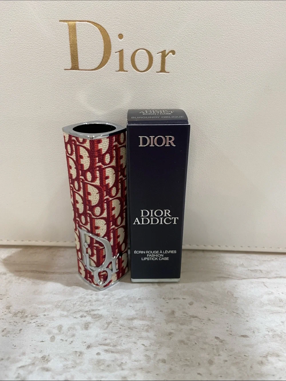 New Dior Red and Beige Monogram Canvas Lipstick Holder Burgundy Oblique